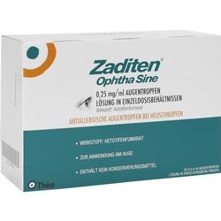 Verpackung von antiallergischen Augentropfen mit dem Wirkstoff Ketotifen.