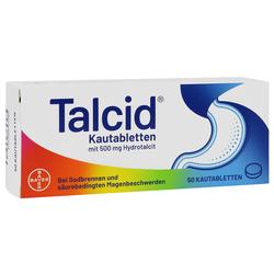 Weiße Packung von Kautabletten gegen Sodbrennen mit buntem Design.