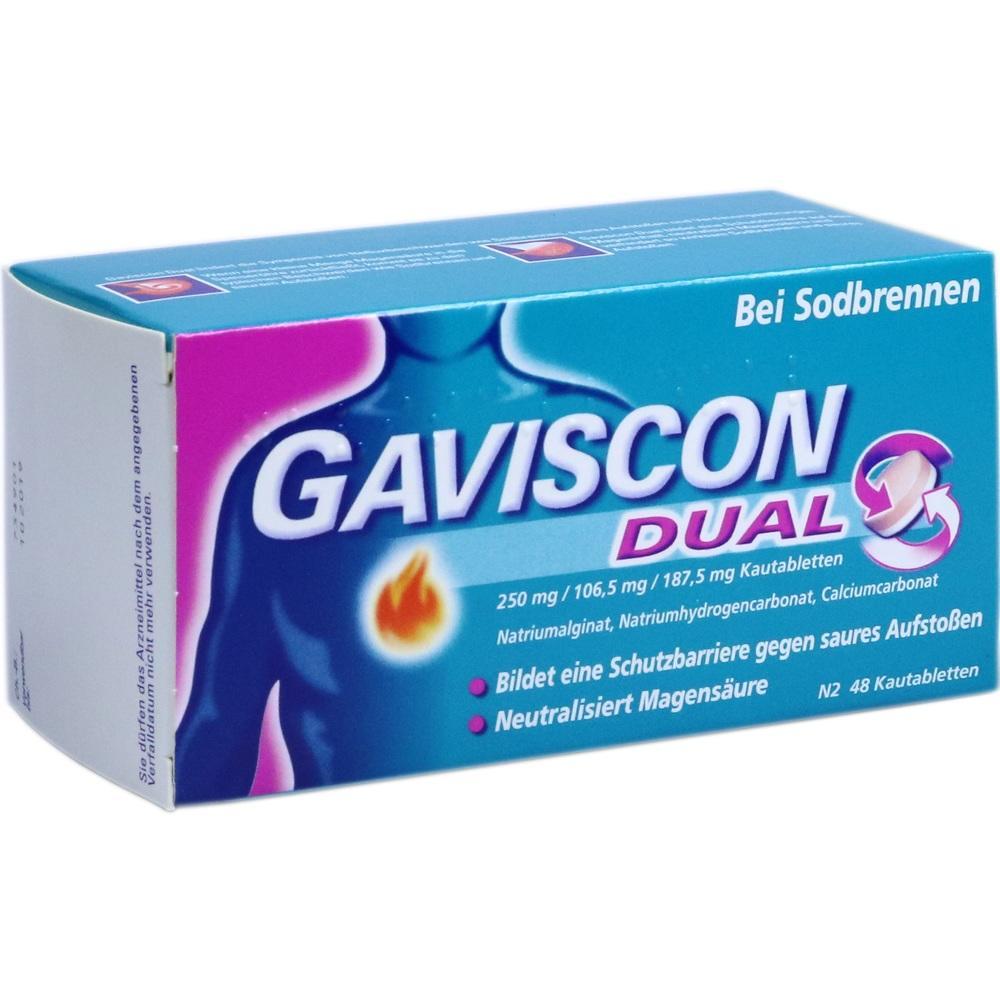 Verpackung von Gaviscon Dual Kautabletten gegen Sodbrennen.