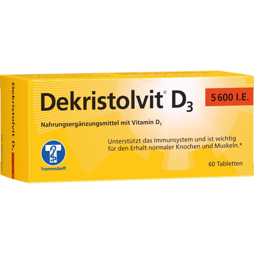 Gelbe Packung von Dekristolvit D3 mit 60 Tabletten zur Unterstützung von Immunsystem und Knochen.