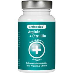 Weiße Dose mit blauem Etikett, darauf steht "Arginin + Citrullin, 60 Kapseln".